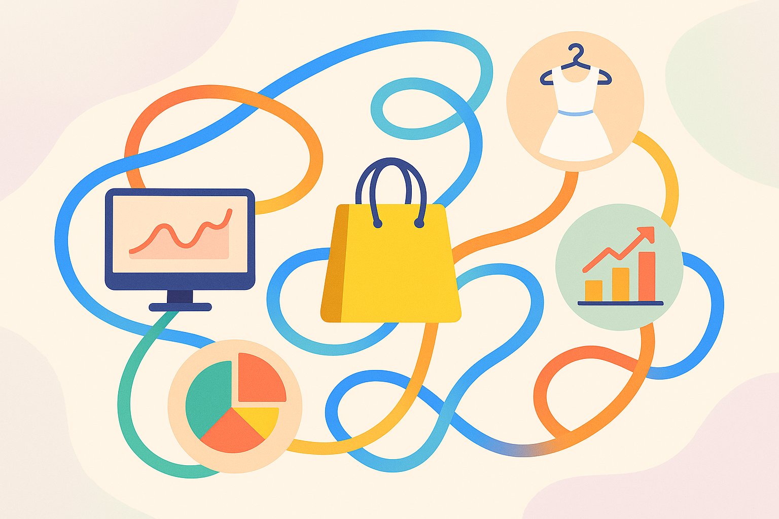 Abstract illustration of interconnected data and shopping icons representing a data-driven marketing network for fashion brands.